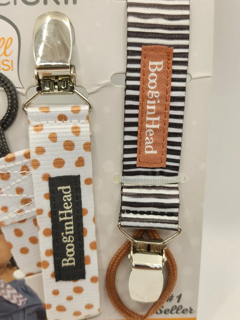 Kids Pacigrip Pacifier Clips - White with Brown Dots & Black Stripe